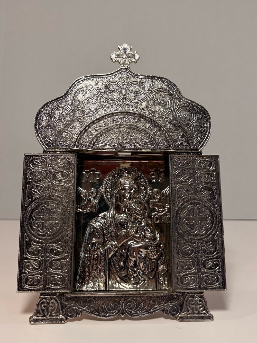 ✝️ Vintage Orthodox Folding Triptych Icon Virgin Mary & Christ Child Silver Tone